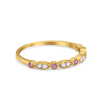 Half Eternity Wedding Band Round Yellow Tone, Simulated Pink CZ 925 Sterling Silver